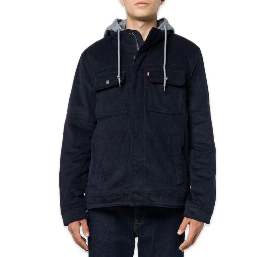 Levi’s Men’s Navy Blue Corduroy Puffer Utility Jacket w Hood Sz Medium Winter